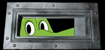 A pair of cartoon eyes peer out through a narrow slotted window on an otherwise black screen. Click for entry.